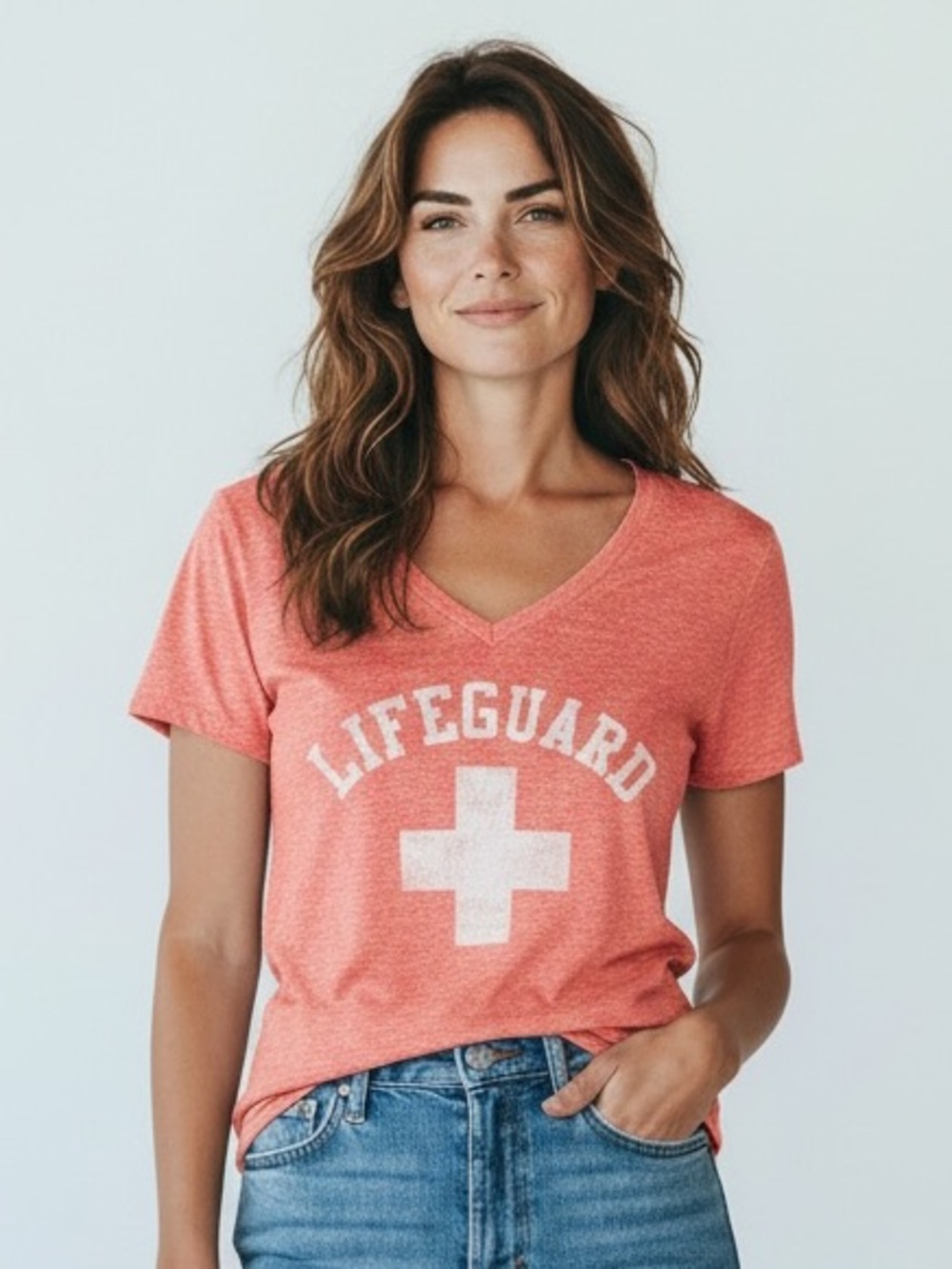 Fifth Sun Coral V-Neck 'Lifeguard' Tee with White Cross